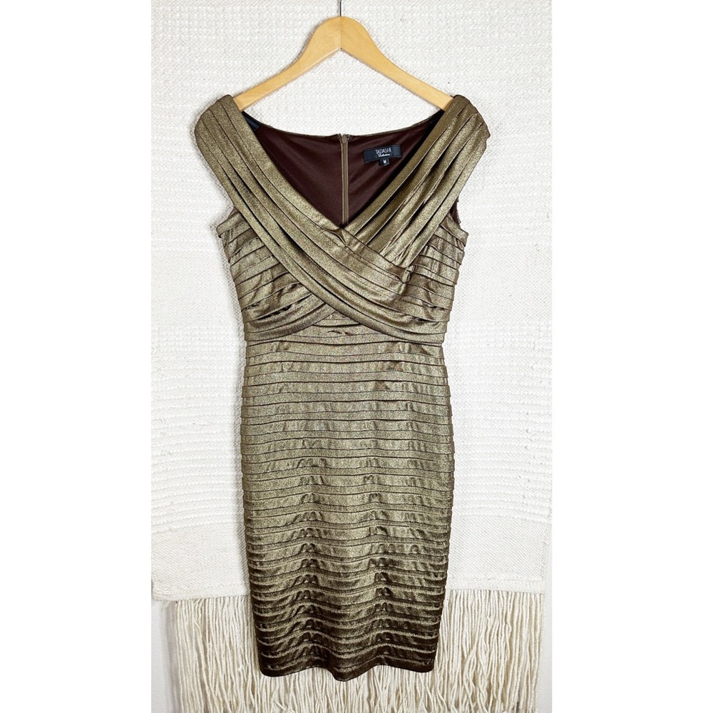 TADASHI SHOJI metallic bronze pleated formal cocktail dress M